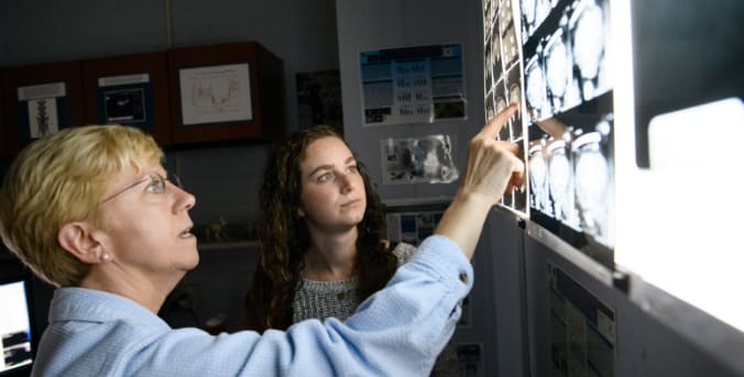 Faculty advisor and undergraduate student examine Xrays together.