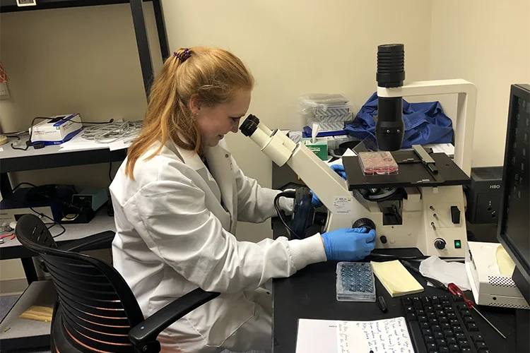 A female graduate student wearing a white lab coat and blue latex gloves sits at a lab bench and looks through a binocular microscope.
