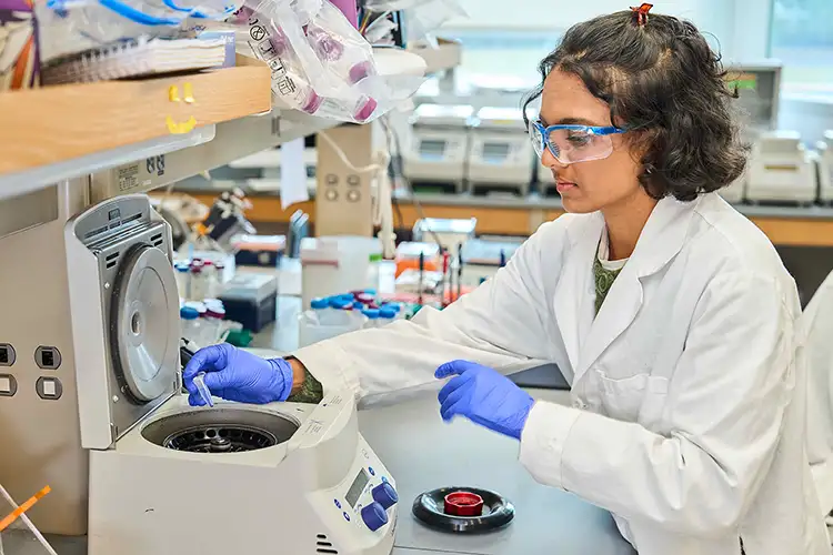 A female student researcher wearing safety glasses, a white lab coat and blue gloves places a sample tube into a benchtop centrifuge in a laboratory.