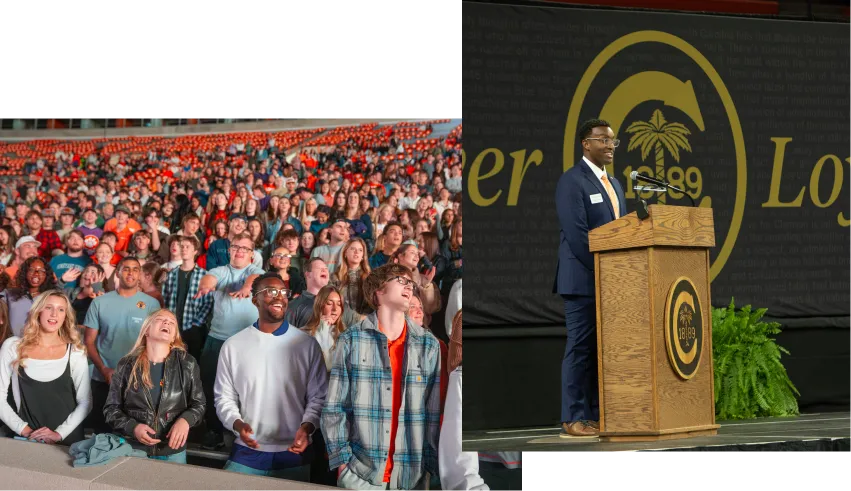 A composite of college students gathering in the seats of a football stadium and cheer during a pep rally event and a male student wearing a navy suit stands on a stage at a wooden podium adorned with the center stone of the Clemson Ring. Behind him on display is a large banner that says Ever Loyal in gold text with the Clemson Ring face between the words