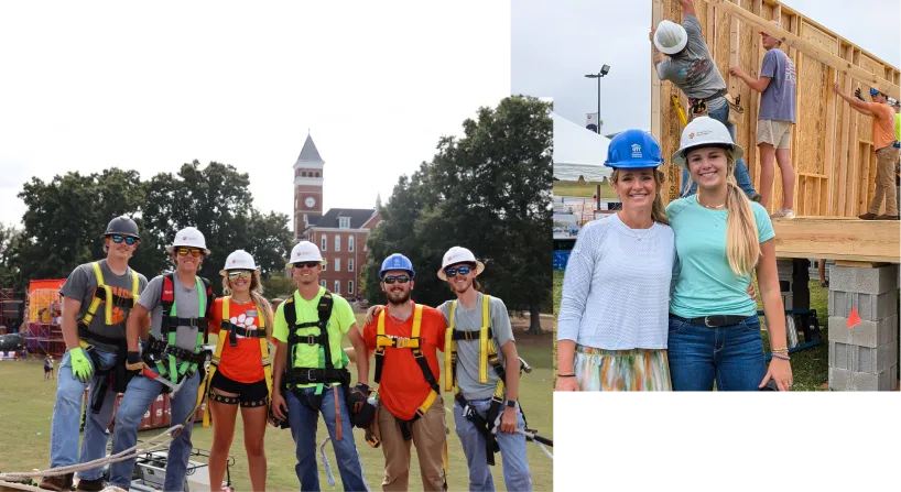  A composite of five male students and one female construction student — all wearing construction hard hats and safety gear — posing together with a brick clock tower building in the background and two female students wearing construction hard hats posing in front of the wooden frame of a house with students working in the background.