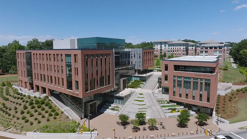 Aerial shot of Clemson campus over Douthit Hills and the College of Business.