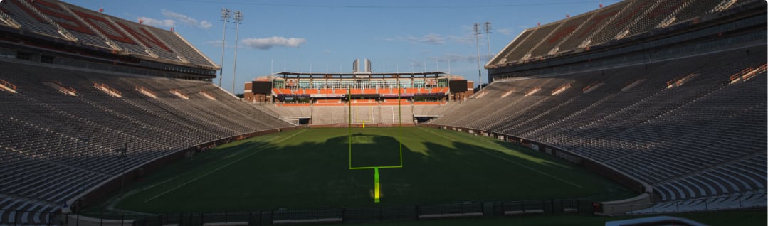 The field and empty stands in Clemson Memorial Stadium.