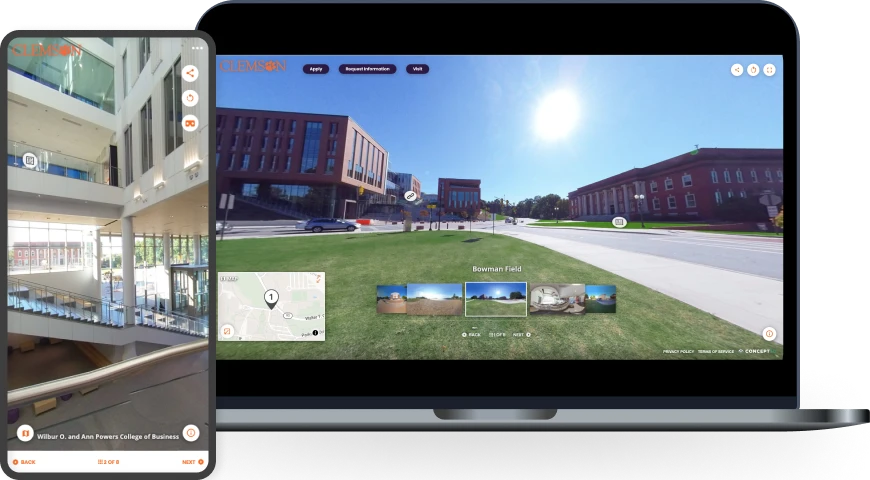 An iPhone screen and a laptop screen show examples of a virtual campus tour.
